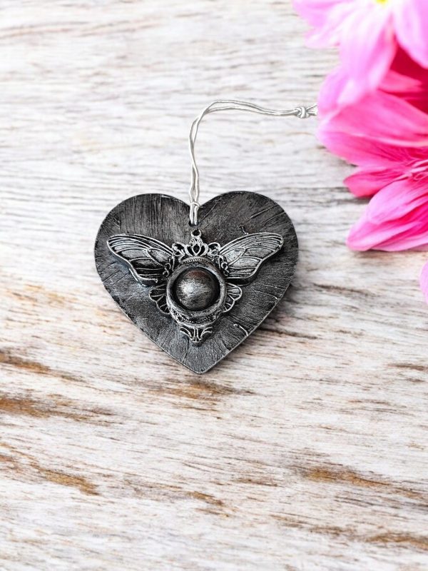 Silver heart decoration. Moth butterfly, Devil Eye Decoration
