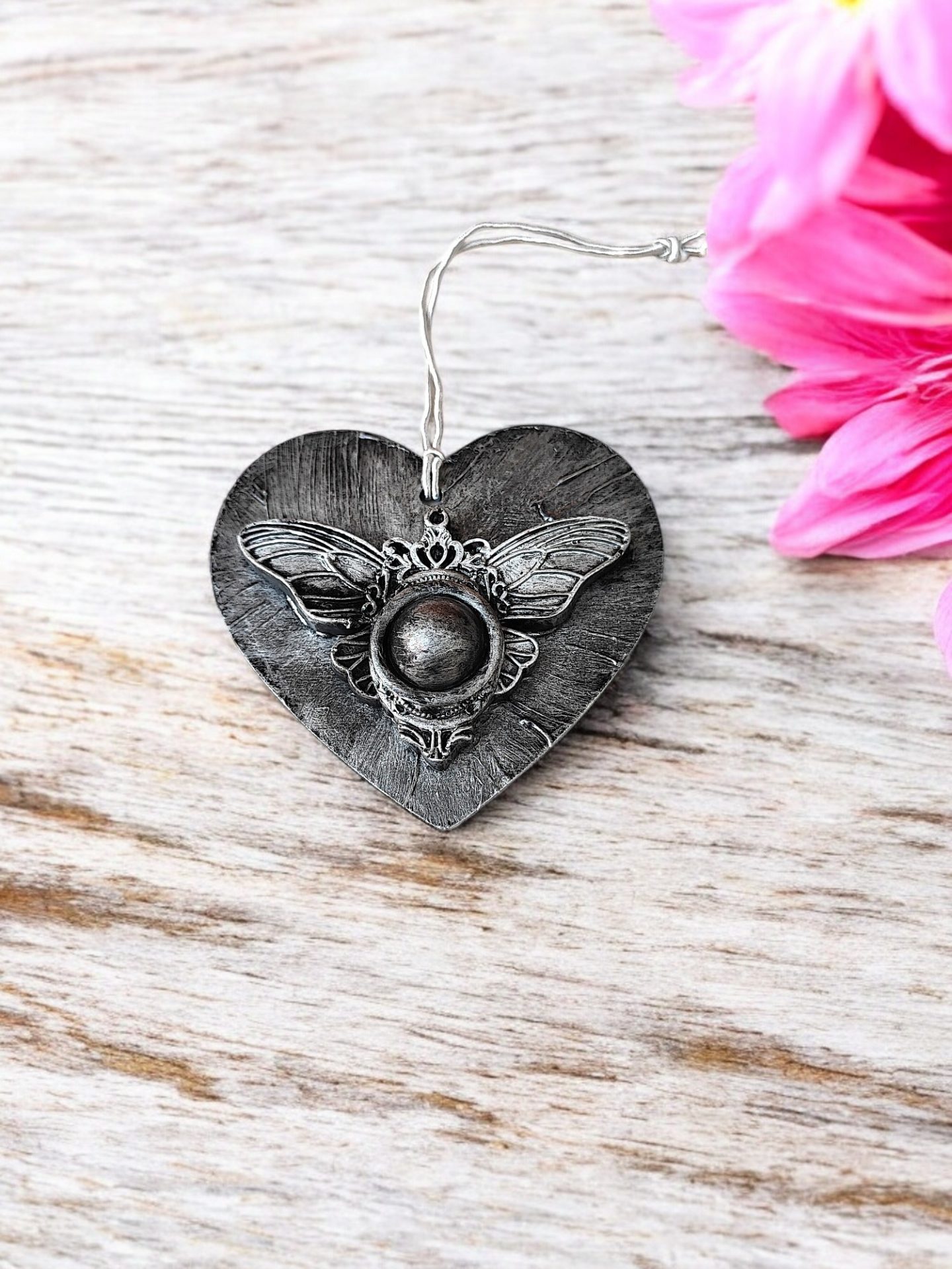 Silver heart decoration. Moth butterfly, Devil Eye Decoration