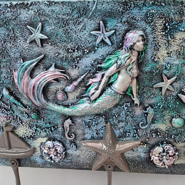 Mermaid Tea Towel Holder with 3 Beautiful Silver Hooks - Image 3