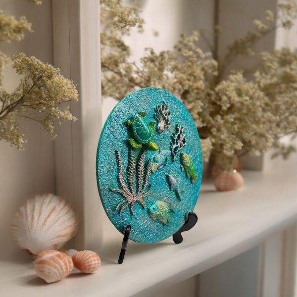 Aquatic Serenity, Hand-Painted Wood Slice decorated with Resin Embellishments, Amazing Gift - Image 4