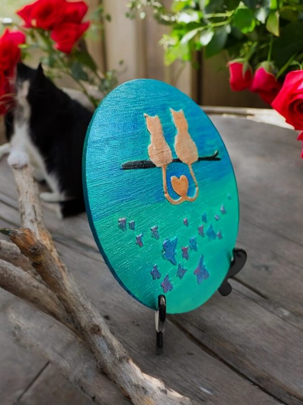 Hand-Painted Cats in Love Wood Slice, Rustic Home Decor - Image 2