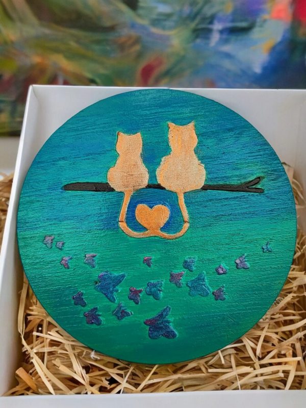 Hand-Painted Cats in Love Wood Slice, Rustic Home Decor - Image 4