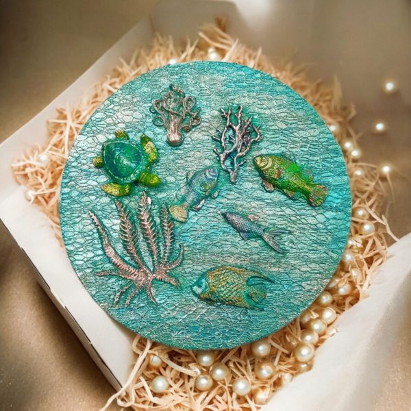 Aquatic Serenity, Hand-Painted Wood Slice decorated with Resin Embellishments, Amazing Gift - Image 2