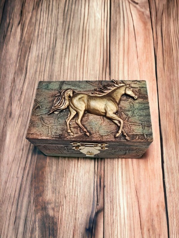 Gold Horse Small Jewellery Handcrafted Wooden Box - Image 2