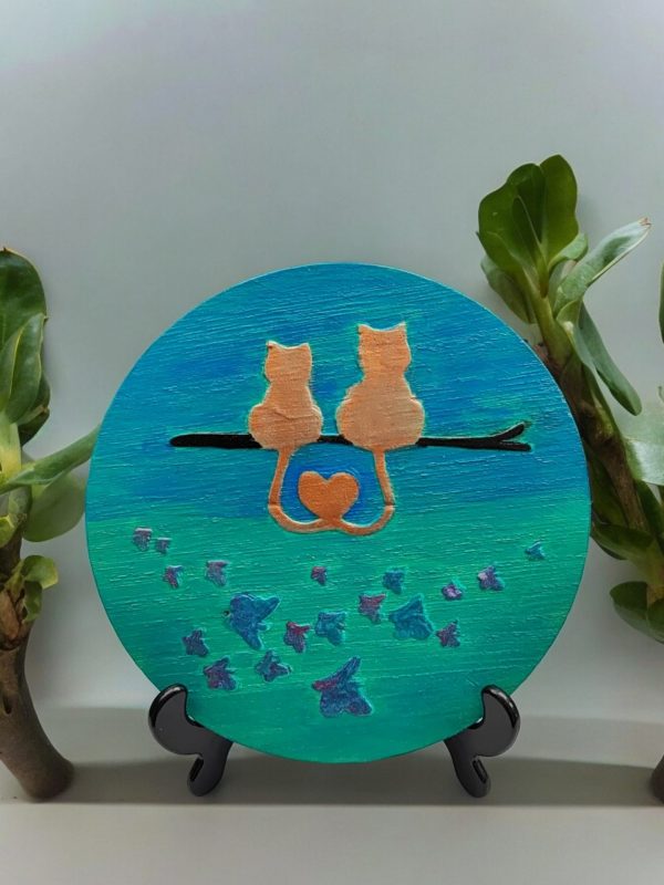 Hand-Painted Cats in Love Wood Slice, Rustic Home Decor
