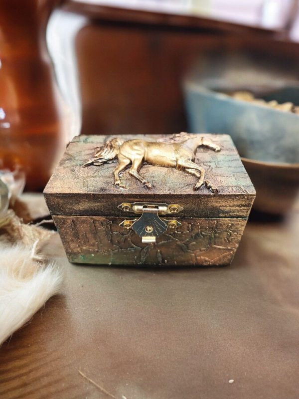 Gold Horse Small Jewellery Handcrafted Wooden Box - Image 4