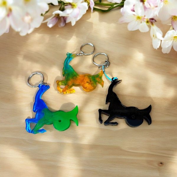 Three handcrafted resin keyrings featuring the Capricorn sea-goat symbol.