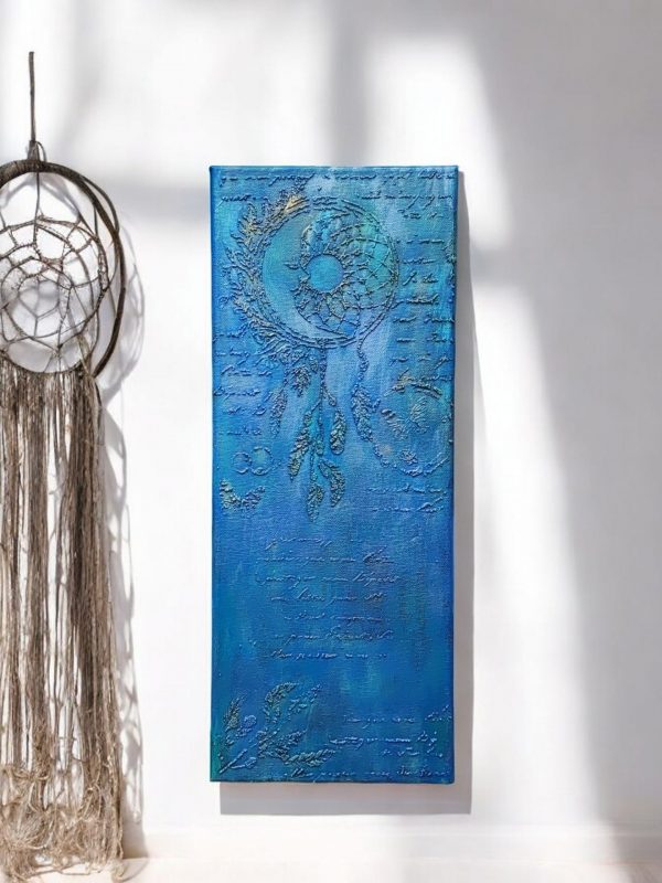 A vertical canvas featuring a raised dream catcher design created with texture paste on a stencil, painted in a vibrant blue with a gold and purple touch, that adds depth and interest