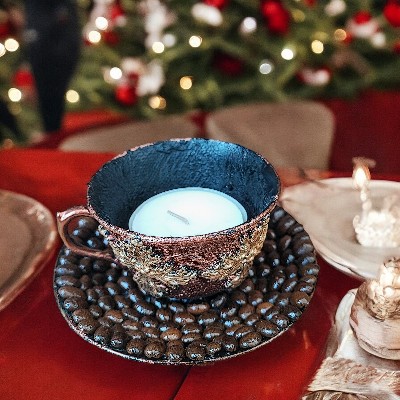 Elegant Teacup Candle Holder Decorated with Coffee Beans . Add a touch of rustic charm to your space with this handcrafted teacup candle holder.