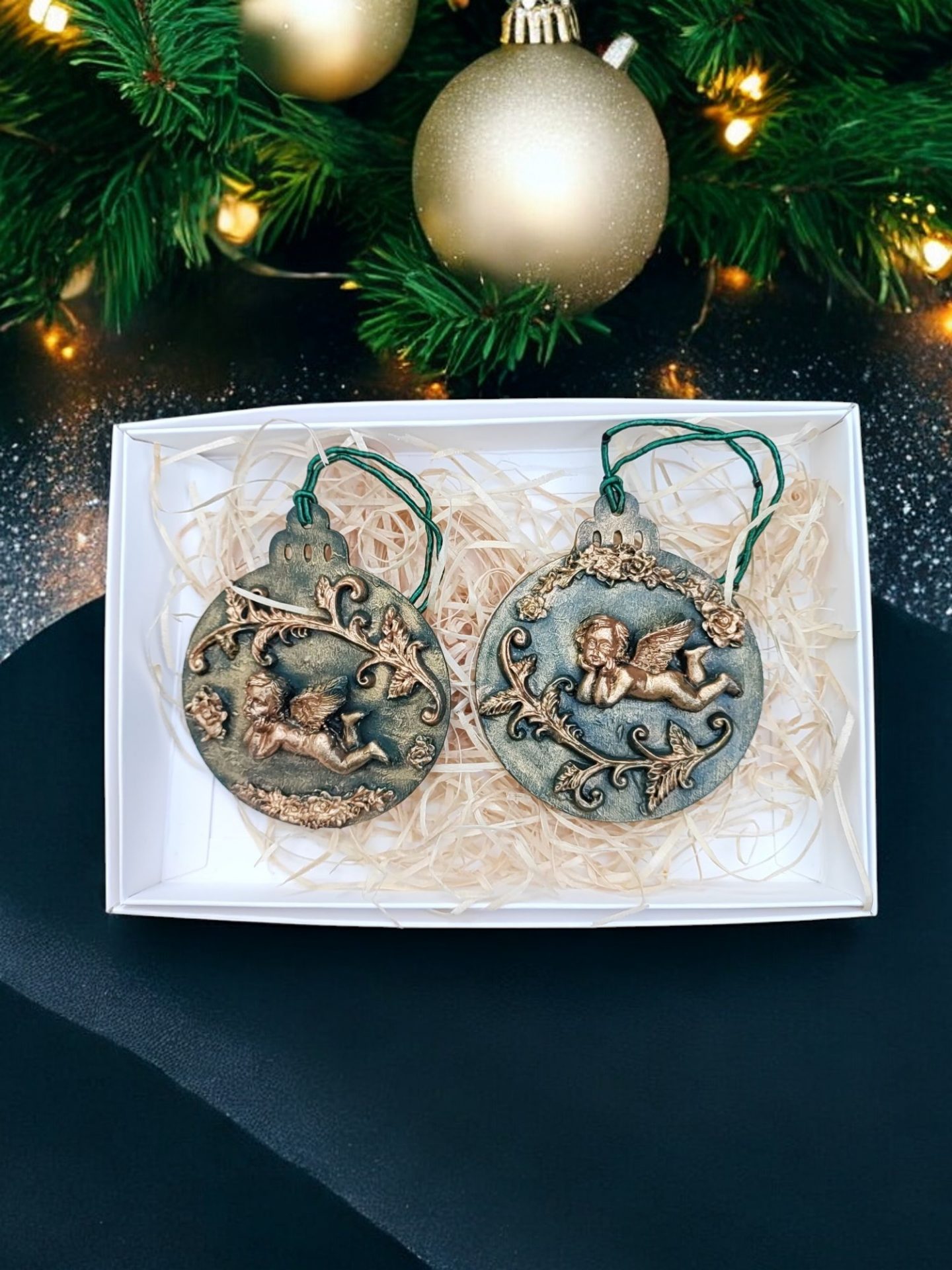 Set of 2 vintage cherub Christmas ornaments in gift box.