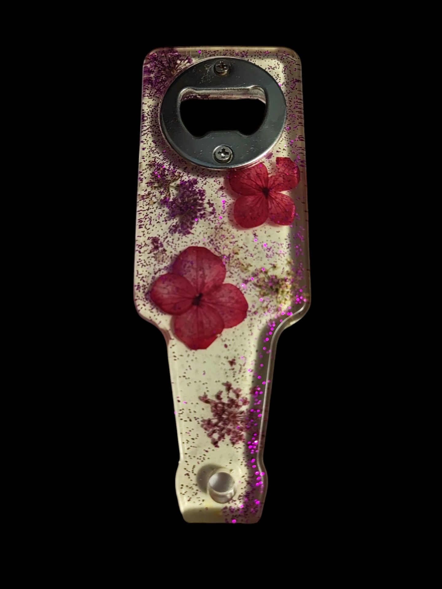 Resin bottle opener with dry flowers 14x5cm