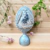 Silver Memory Keepsake Egg with Vintage Photo Design, Handcrafted with Love Handcrafted silver decorative egg with vintage photo design, featuring detailed leaf patterns and a pedestal base.